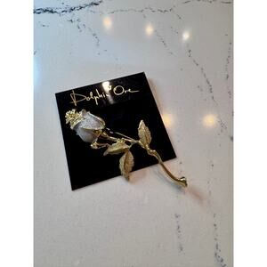 Dolphina Ore Rose Brooch Gold Tone Rhinestone Mother’s Day Gift